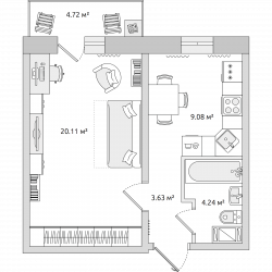 Однокомнатная квартира 39.42 м²